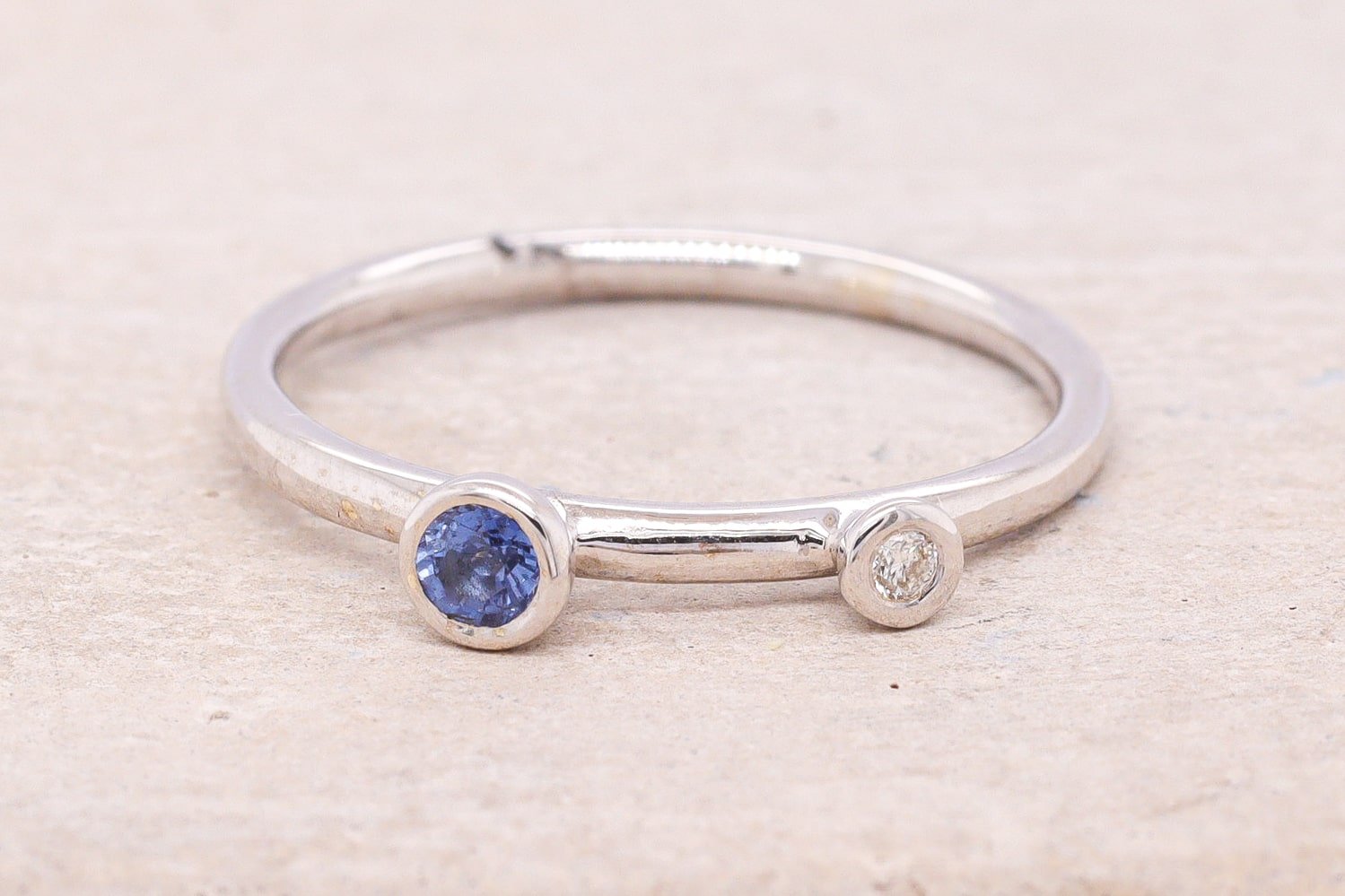 9ct White Gold 2-stone Sapphire & Diamond Space Stacking Ring – Rare Jewellery Design
